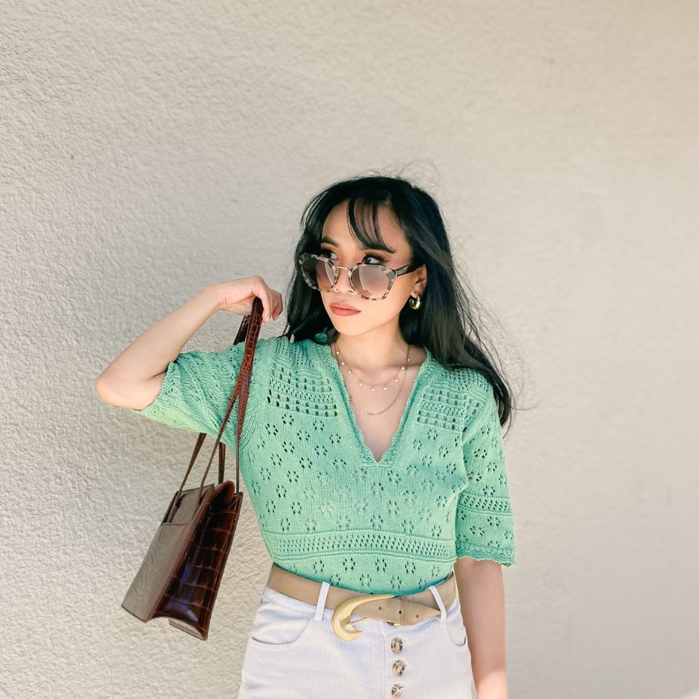 SOLD SANDRO Green Sweater with Scalloped Crochet Details